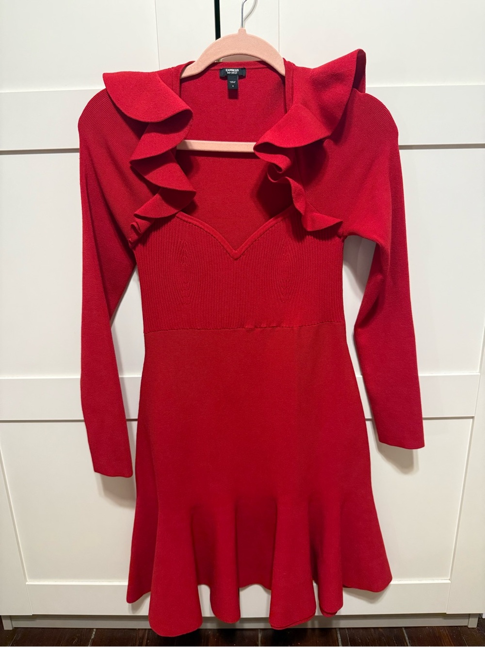 Express Red Ruffle V-Neck Long Sleeve Knit Dress